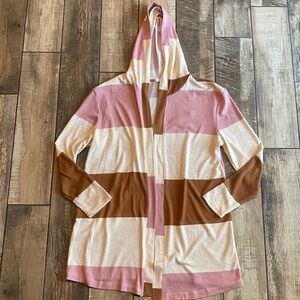 Tru Self Striped Pink Cream and Brown Women's open front long cardigan